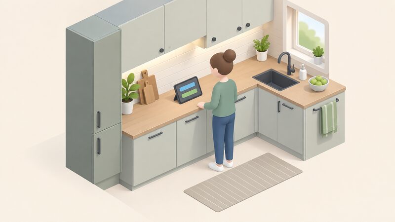 A small simplified figure stands at a kitchen worktop looking at a smart meter in-home display propped upright on the counter, its screen showing a plain unit rate block and a running daily cost block as blank colour bands with no readable figures.