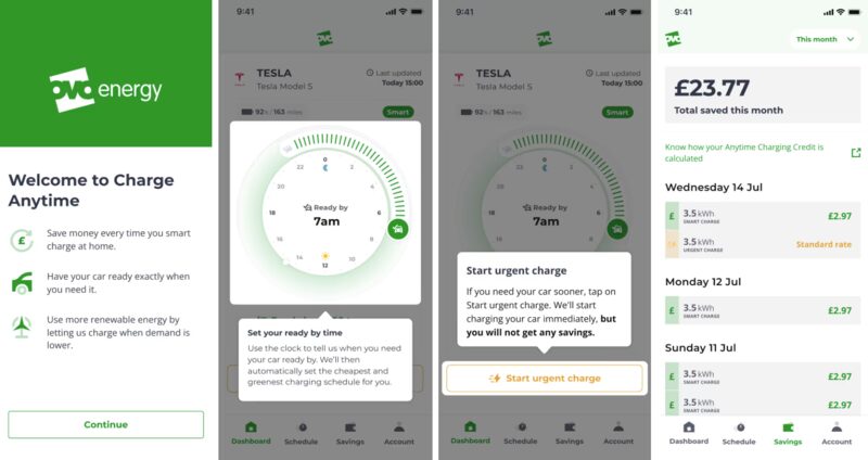 Screenshots of the OVO Energy Charge Anytime app showing EV charging scheduling, urgent charge and savings screens