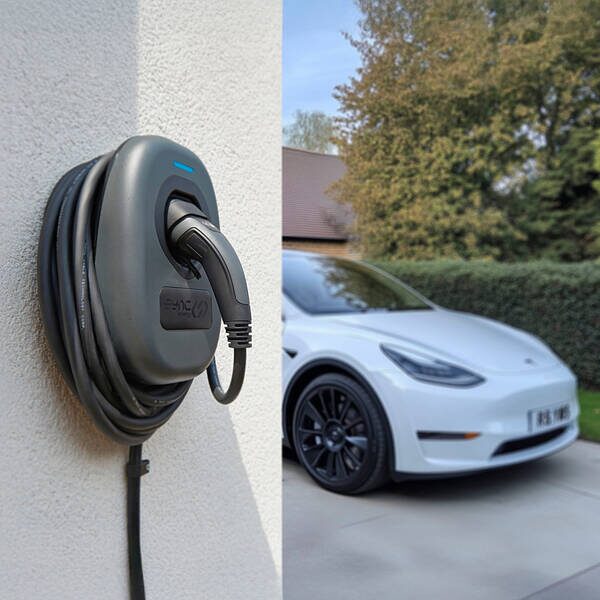 A grey Sync Energy wall-mounted EV charger with tethered cable on a house wall beside a white electric car on a driveway