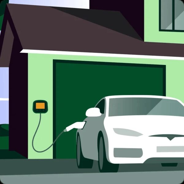An illustration of a white electric car charging from a wall-mounted home charge point outside a green garage