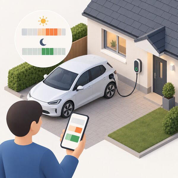 A home with an electric car on the driveway connected to a wall-mounted smart charger, while a smartphone held by a simplified figure shows a plain scheduling screen with colour blocks indicating charging moved to off-peak hours away from the evening peak.