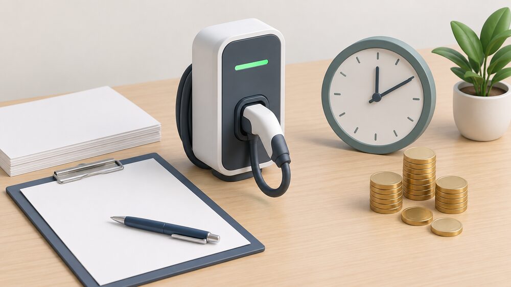 A small model of a home EV wallbox charger sits on a table beside blank paperwork, a clipboard with a pen, a pile of coins and a round clock face, representing the choice between two home electric-car charging tariffs.