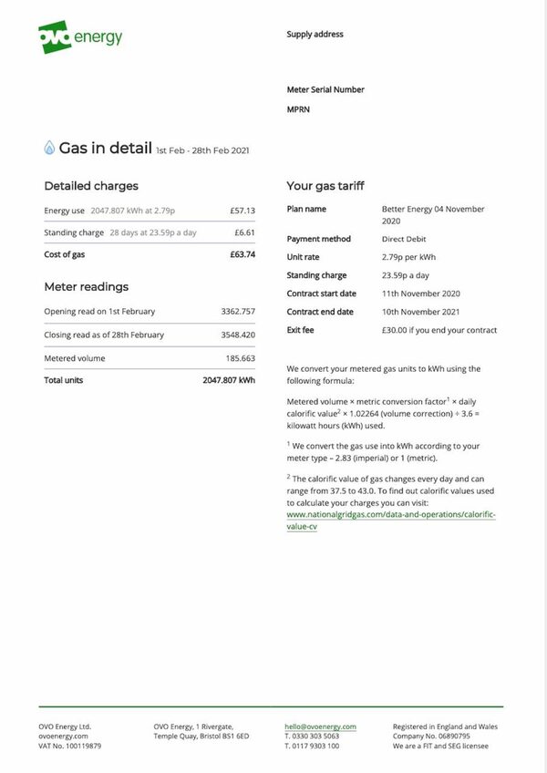 An example OVO Energy gas bill page showing detailed gas charges, meter readings and tariff information for 1st–28th February 2021