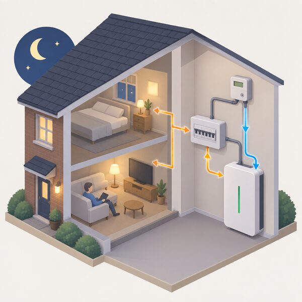 A simplified isometric cutaway of a home interior showing a wall-mounted home battery indoors, connected to a consumer unit and a meter, with arrows indicating cheap overnight electricity charging the battery and stored power flowing back out for use or export.