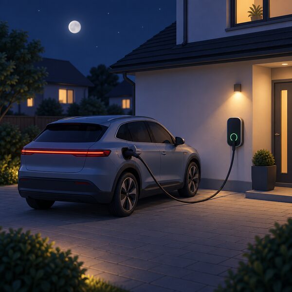 A dark night-time driveway scene where an electric car is parked and plugged in, its charging cable running from the car's charge port to a wall-mounted home chargepoint on the house wall, with a lit charge indicator showing charging is underway.