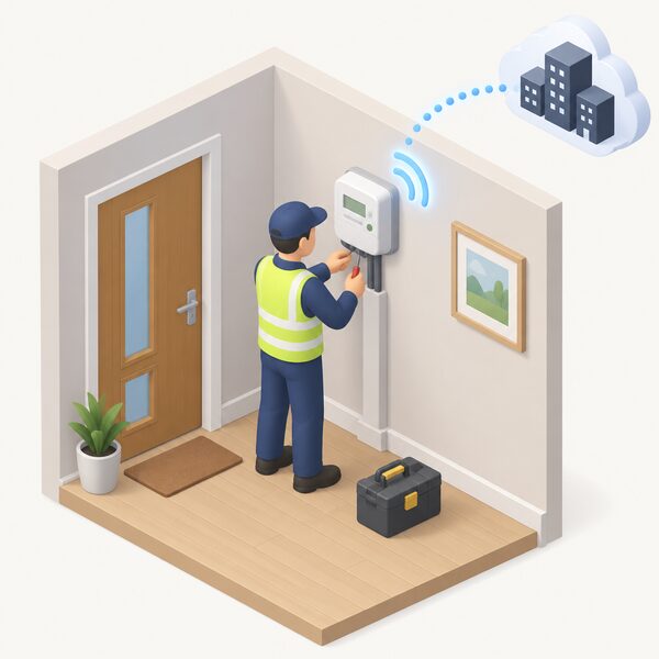 A simplified isometric figure of an installer completing the connection of a wall-mounted smart electricity meter inside a UK home, with a signal link shown travelling from the meter outward to represent it communicating with the supplier's systems so the household can be transferred on to the tariff.
