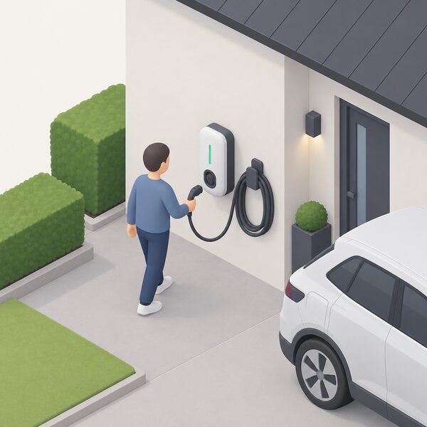 A wall-mounted home electric car charger on the outside wall of a house, with its coiled cable in a holder beside it and a simplified isometric figure approaching to plug in.