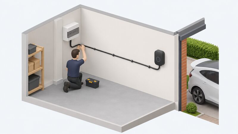 A simplified isometric installer running black cable clipped along an interior wall from a domestic consumer unit to a wall-mounted Solo 3S chargepoint, showing the cable route within the standard installation scope.