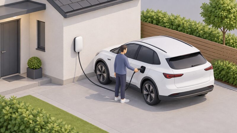 A white wall-mounted home EV charger on a house exterior wall with a cable running to a parked electric car beside it, a simplified isometric figure plugging the cable into the car's charge port.