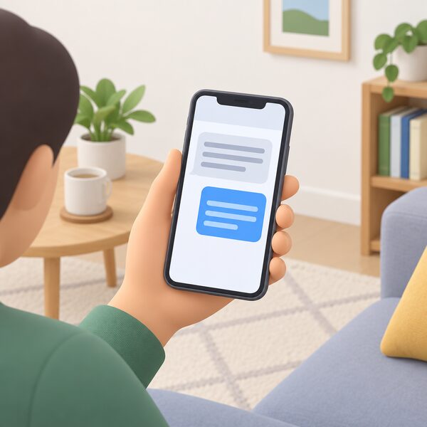 A hand holding a mobile phone in a home setting, the screen showing an incoming text message drawn only as blank message bubbles and plain colour bands, with no readable words, so the household can see the opt-in message before deciding whether to reply.