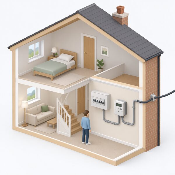 A domestic electricity meter mounted on an interior wall, with a cable running to it from the consumer unit and a supply cable leaving it, shown in a simple cutaway of a home so the meter is clearly the point through which the household's usage is measured.
