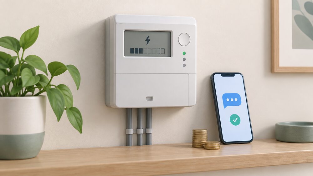 A close-up of a wall-mounted smart prepayment electricity meter indoors, with a mobile phone resting beside it and a small stack of coins on the ledge below, suggesting a credit arriving on the meter rather than cash in hand.
