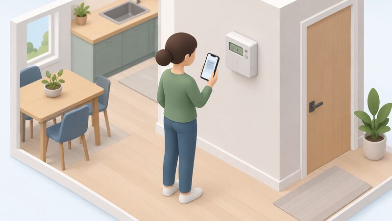 A householder stands in their home reading an opt-in text message on a mobile phone held beside a wall-mounted smart prepayment meter, deciding whether to reply to accept or decline a Power Payback event.