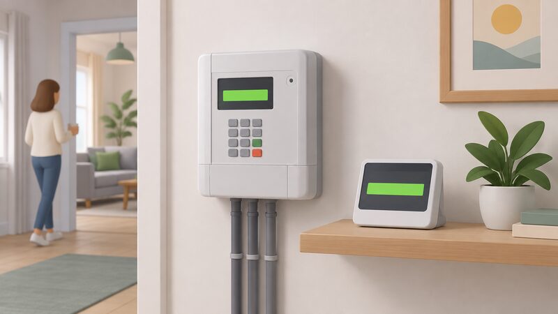 A wall-mounted smart prepayment electricity meter with a keypad and a small screen showing a credit balance, beside an in-home display on a nearby shelf whose screen also shows the credit as a plain colour band, in a simple home interior.