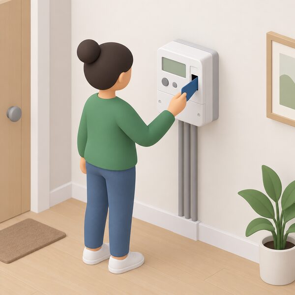 A modern prepayment electricity meter mounted on an interior wall of a home, with a simplified figure standing before it topping it up and checking the display.