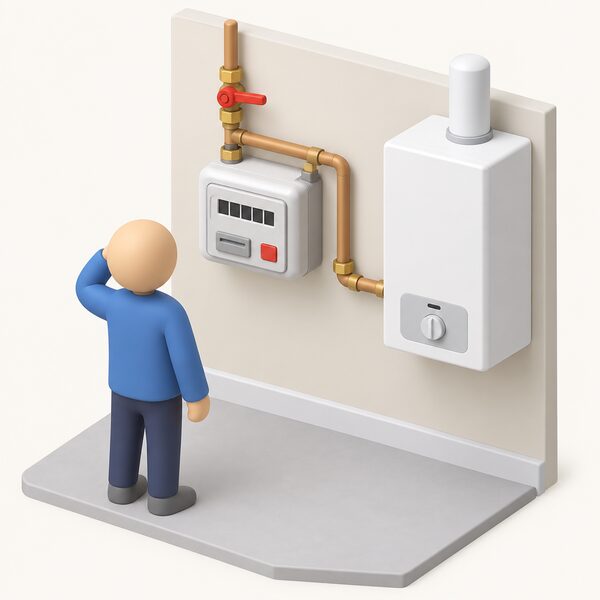 A domestic prepayment gas meter mounted on an interior wall, its display showing an empty balance as blank blocks, with a plain valve handle turned to the off position so the supply pipe to the gas boiler below is closed, and a small simplified figure standing before it unable to top up.