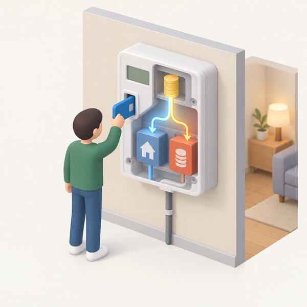 A wall-mounted electricity prepayment meter inside a home, shown in cutaway with a top-up key inserted and the flow of credit splitting into two streams, one going to the household supply and one diverted to a debt repayment block, with a small isometric figure topping up.