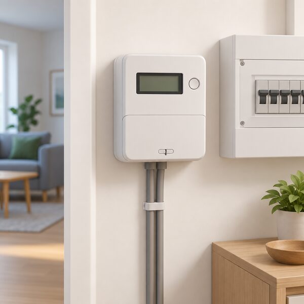 A compact smart electricity meter mounted on an interior wall of a home, drawn as a single neat unit with a small display screen, shown in its indoor setting near the consumer unit with no person present.
