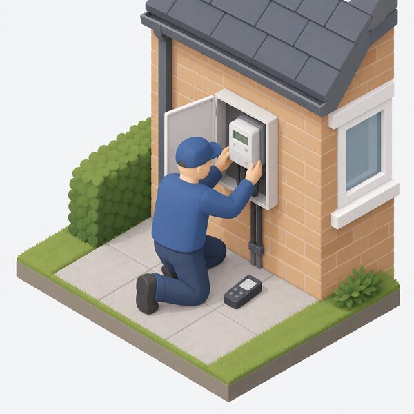 An engineer in plain work clothing kneeling at a domestic electricity meter box on an outside wall, fitting a prepayment meter into the supply with a small handheld device beside them, shown as a simplified isometric figure at the side of a house.