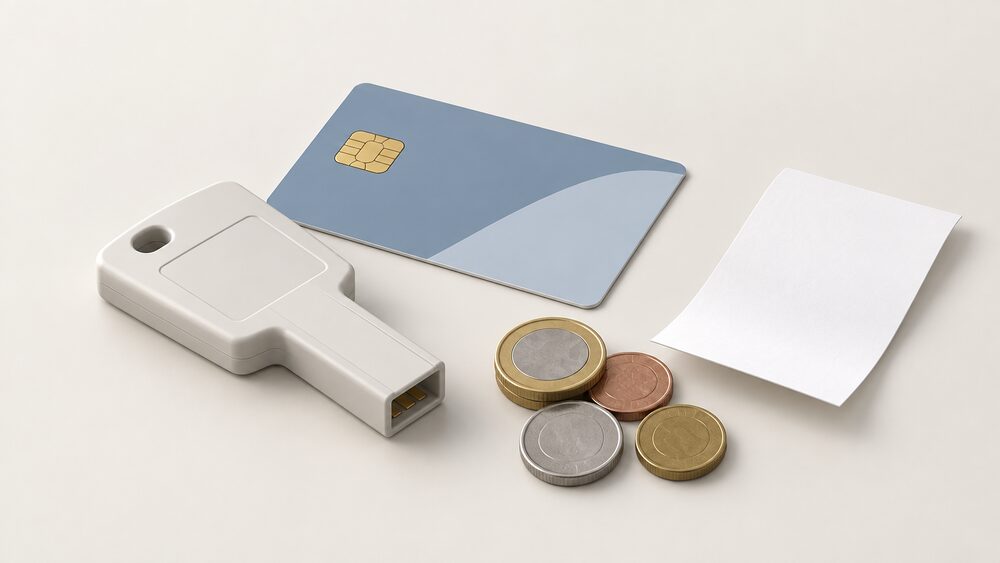 A close-up tabletop scene with a plastic electricity meter key and a smart card lying beside a small pile of coins and a blank paper receipt, arranged as the moment before topping up at a shop counter.