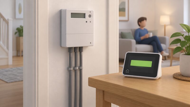 A smart electricity prepayment meter mounted on an interior wall with its separate in-home display nearby on a table, the display screen showing a plain credit balance block indicating prepayment mode with credit remaining.
