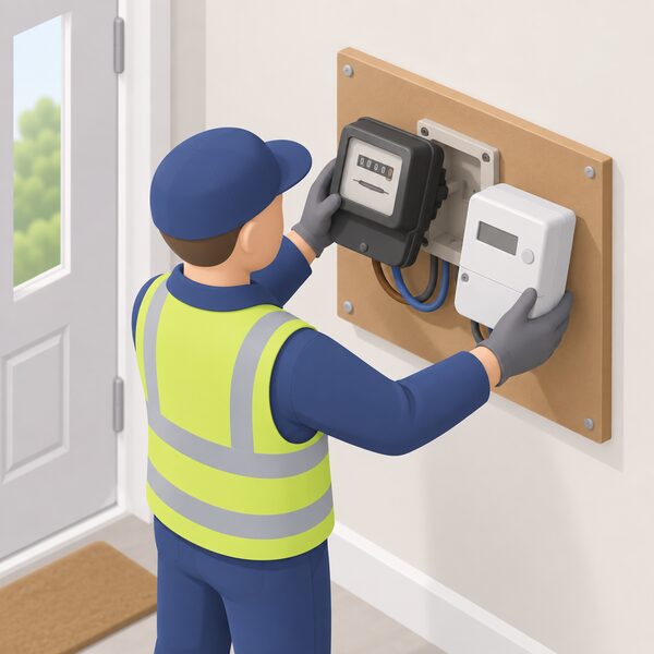 An engineer at a domestic consumer unit area swaps an old RTS electricity meter for a new smart meter, holding the new meter ready to fit where the old one is being removed from the meter board.