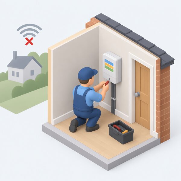 An installer fitting a non-communicating smart meter with a pre-programmed tariff clock on the inside wall of a home in a poor-signal area, the meter standing alone with no antenna or network connection, its plain tariff display shown only as simple colour bands.
