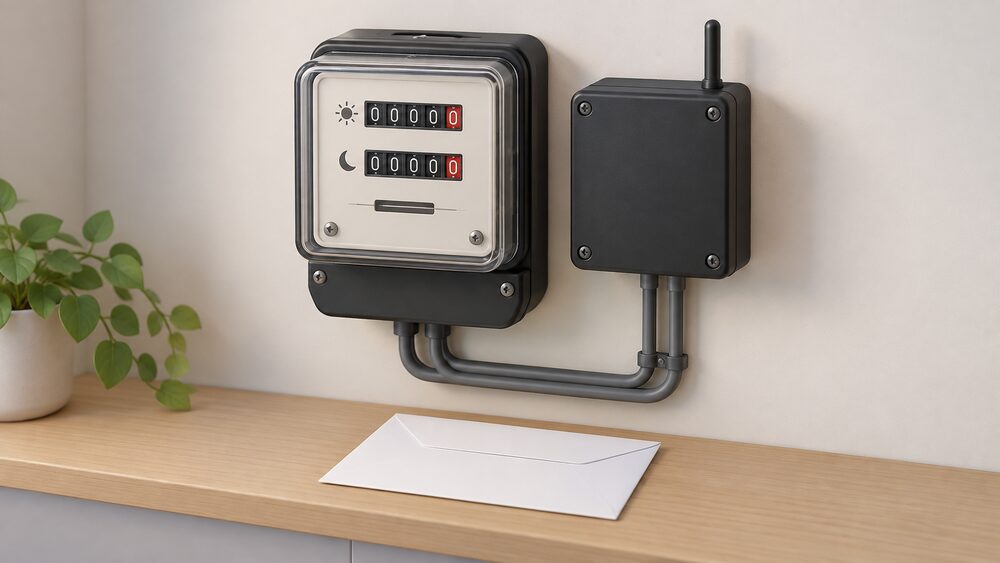 A close-up of an older two-rate electricity meter on an indoor wall with a separate black radio teleswitch box mounted beside it, and a plain unopened letter from the supplier resting on the ledge below.