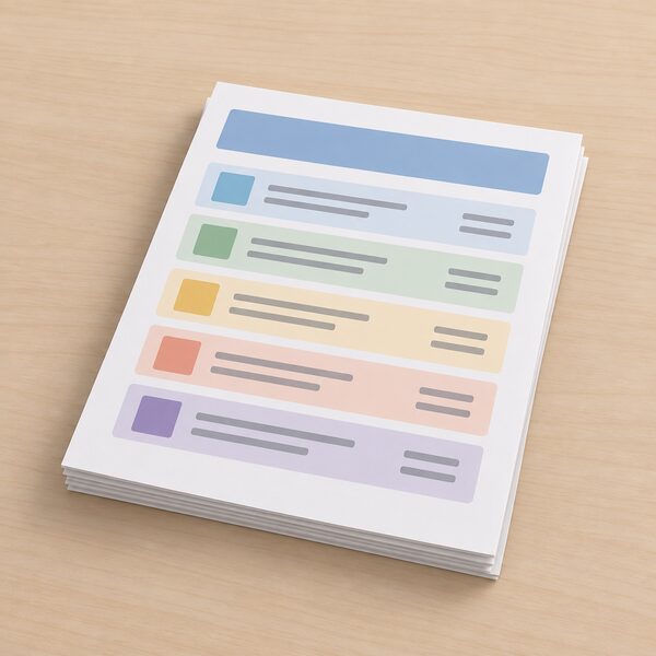 A printed tariff specification sheet lying on a table, laid out as a stack of separate plain colour-banded component rows for standing charges and unit rates rather than one single rate, with no readable figures.