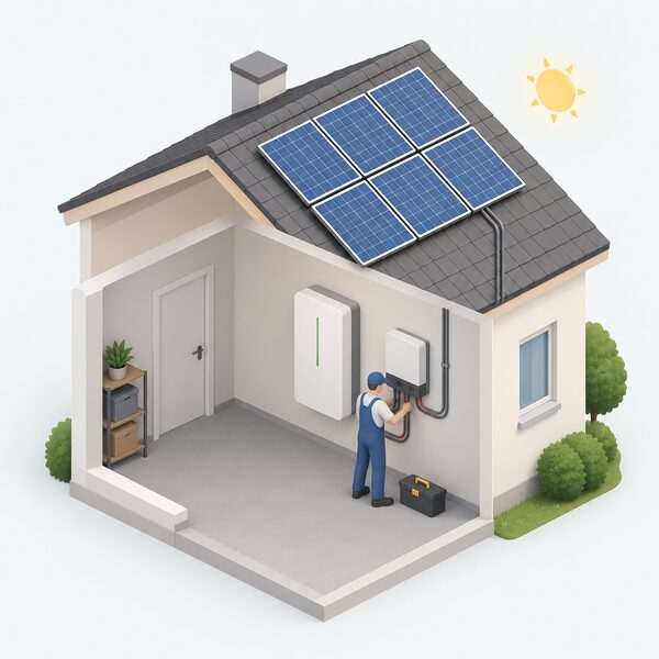 A wall-mounted home battery storage unit installed inside a house next to a rooftop solar panel system, with a simplified isometric installer figure securing the battery's connections to the solar inverter on the wall beside it.