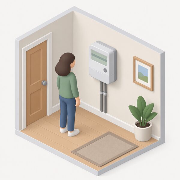 A simplified isometric view of a smart electricity meter mounted on an interior wall of a home, with a small figure standing beside it, the meter's display shown as plain blank bands to indicate it records half-hourly export readings for a SEG application.