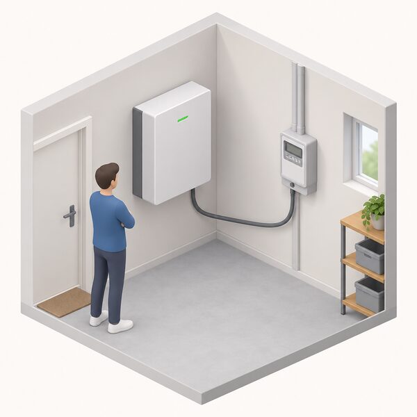 A wall-mounted home battery storage unit indoors, shown as a simple rectangular cabinet fixed to an interior wall with a cable running down to the electricity meter on an adjacent wall, illustrating stored electricity ready for later export.