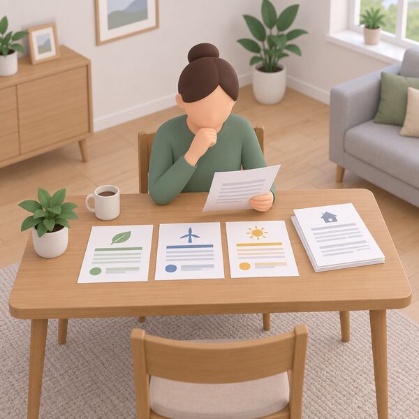 A person at a home table comparing export tariff offers from separate companies, with printed offer sheets laid out alongside their household electricity supply paperwork, showing the export contract chosen independently of the import supplier.
