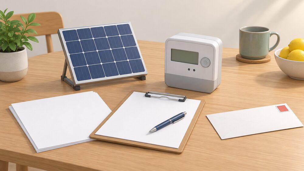 A small rooftop solar panel model stands on a kitchen table beside blank application paperwork, a clipboard with a pen, and a smart meter with a blank screen, with a stamped envelope ready to post.