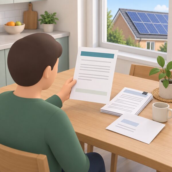 A homeowner's hand holding an MCS certificate document at a kitchen table, with the paper shown as a physical sheet carrying only blank lines and plain colour bands, alongside a small stack of commissioning papers and a letter, near a window with a rooftop solar array visible outside.