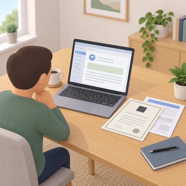 A laptop on a home table displaying an email from the network operator confirming the system complies with G98 or G99 standards, its content shown only as blank lines and plain colour blocks, with a paper MCS certificate and commissioning documents lying beside it.