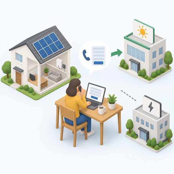 A simplified isometric household figure at home making a direct application to a SEG licensee supplier, shown as a phone call or online form at a table, with the supplier represented as a separate plain building distinct from the household's existing energy supplier.