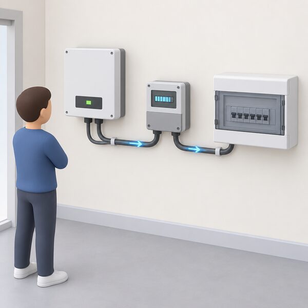 A wall-mounted export meter beside the household consumer unit, with a cable arriving from the solar inverter and a supply cable continuing to the metered grid connection, its display showing a simple recording indicator as exported electricity flows through it.