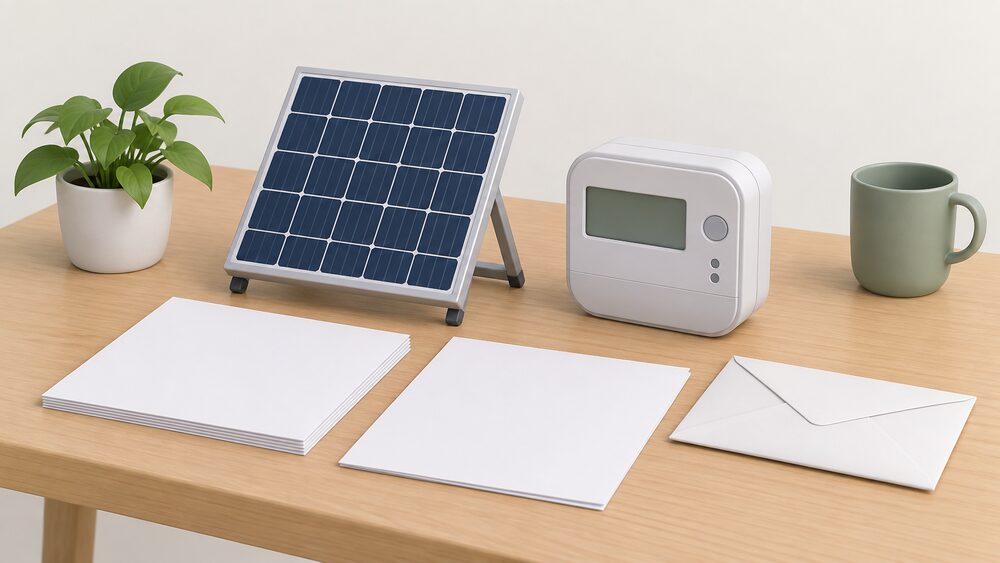 A small rooftop solar panel model stands on a table beside blank paperwork, a smart electricity meter with a blank display, and a sealed envelope, arranged as the evidence set a household gathers before applying for an export payment.