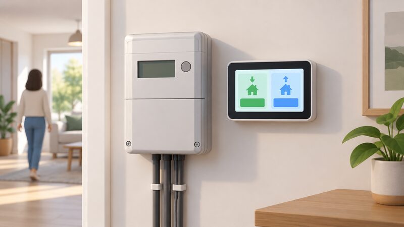 A wall-mounted smart electricity meter with an adjacent in-home display screen, both shown as physical objects in a home setting, with the display showing plain blocks representing export and import readings side by side.