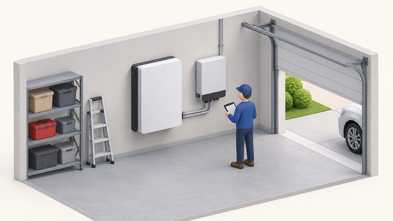 A wall-mounted home battery unit and a separate inverter fixed side by side on an inside garage wall, with a simplified isometric figure inspecting the installation and simple conduit running between the two units.