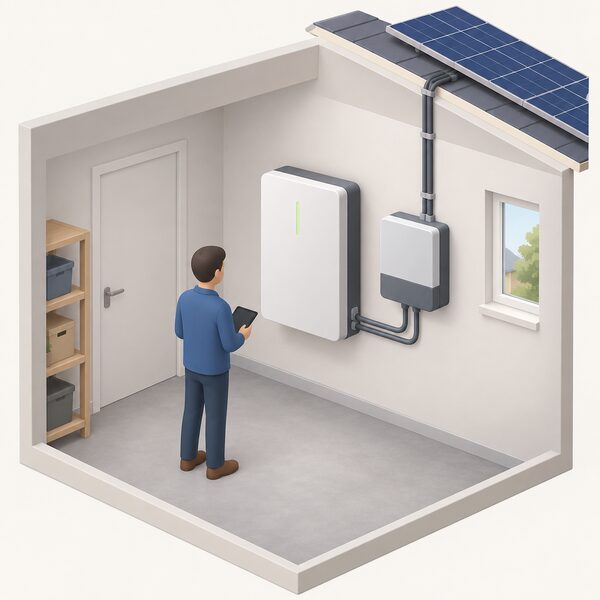 A wall-mounted home battery unit installed indoors in a utility space, connected by cabling toward an inverter and a conduit running up toward the ceiling where solar panel wiring enters, with a small simplified figure checking the unit.