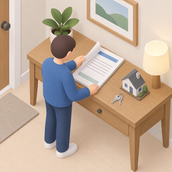 A printed tariff contract document lying on a hall table beside a house key and a small model house, its pages showing blank clause lines and plain colour bands, with a simplified isometric figure turning a page to read the conditions.