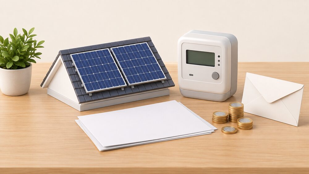 A small rooftop solar panel model stands beside a smart electricity meter and blank paperwork on a table, with a few coins and an envelope nearby suggesting export payments arriving for metered surplus electricity.