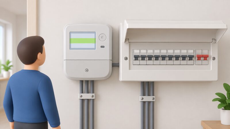 A wall-mounted smart electricity meter with its display showing the export register as a plain highlighted band, installed beside a domestic consumer unit with its front cover open showing rows of circuit breakers.