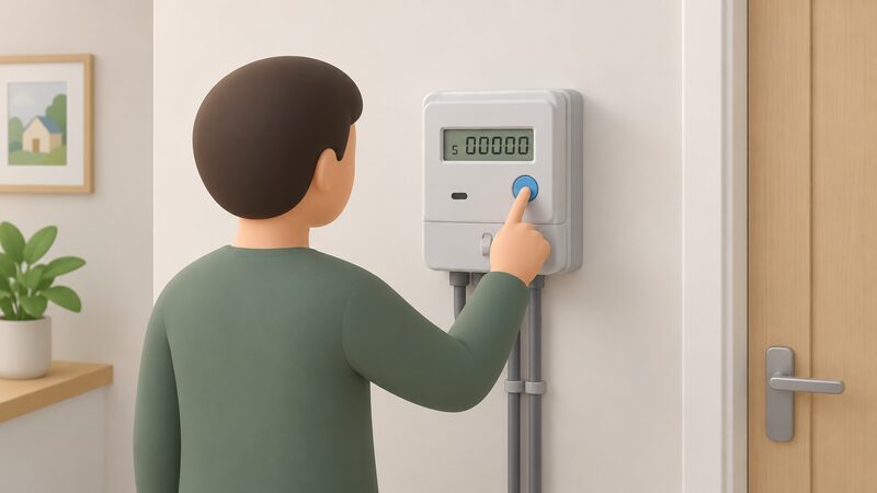 A householder standing beside an import/export electricity meter presses its blue button while the meter display shows a small 5 followed by five digits, showing the export register being reached.