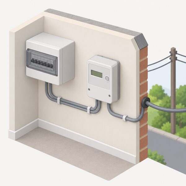 A wall-mounted export electricity meter inside a home, shown in a simple isometric view with its cabling running to a consumer unit on one side and an outgoing supply cable leaving through the wall towards the grid, with no person present.