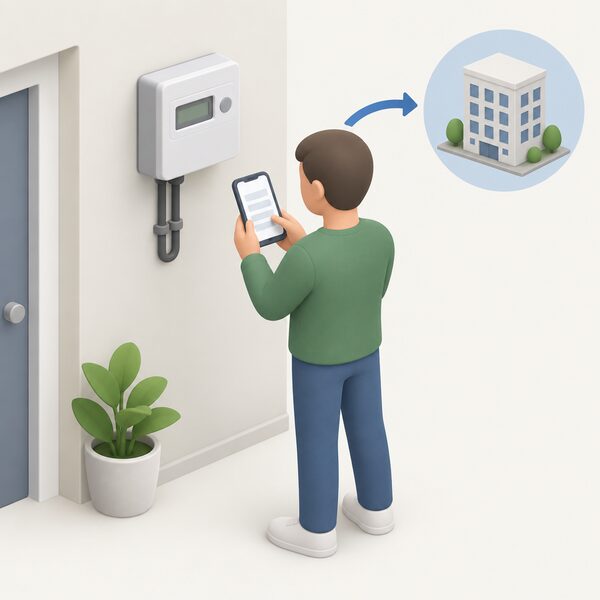 A householder stands beside the wall-mounted export generation meter, reading its display and writing the figure on a submission form or phone screen, which is then sent to their supplier as the quarterly reading.