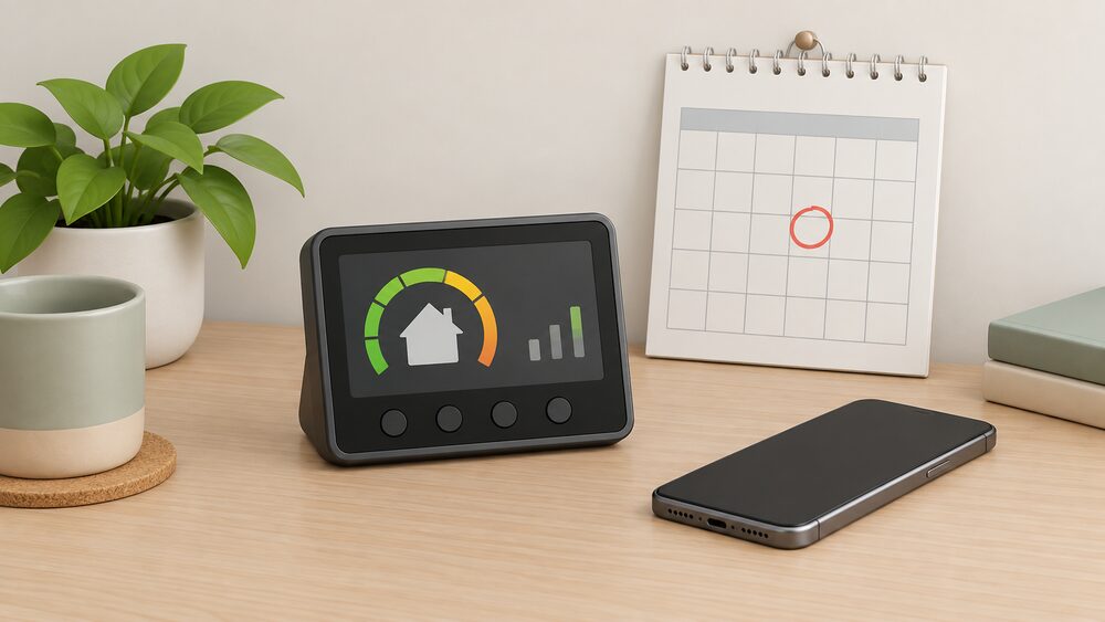 A close-up tabletop scene showing a wall-mounted smart electricity meter display unit beside a wall calendar with one date circled and a smartphone with a blank screen, representing the monthly routine of checking and submitting an export meter reading.