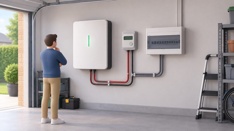 A wall-mounted home battery unit inside a garage, shown beside a smart meter and a consumer unit, with simplified cable runs linking battery, meter and consumer unit so the metering arrangement between the battery and the household supply is visible.